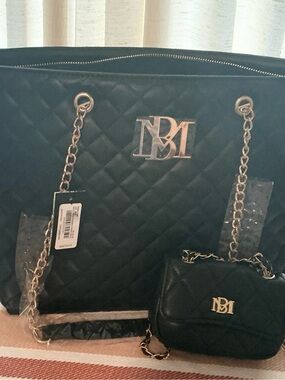 NWT Badgley Mischka Black Quilted Tote & Mini-Me Set